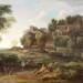 An Italianate wooded landscape with figures resting on a path and a town beyond